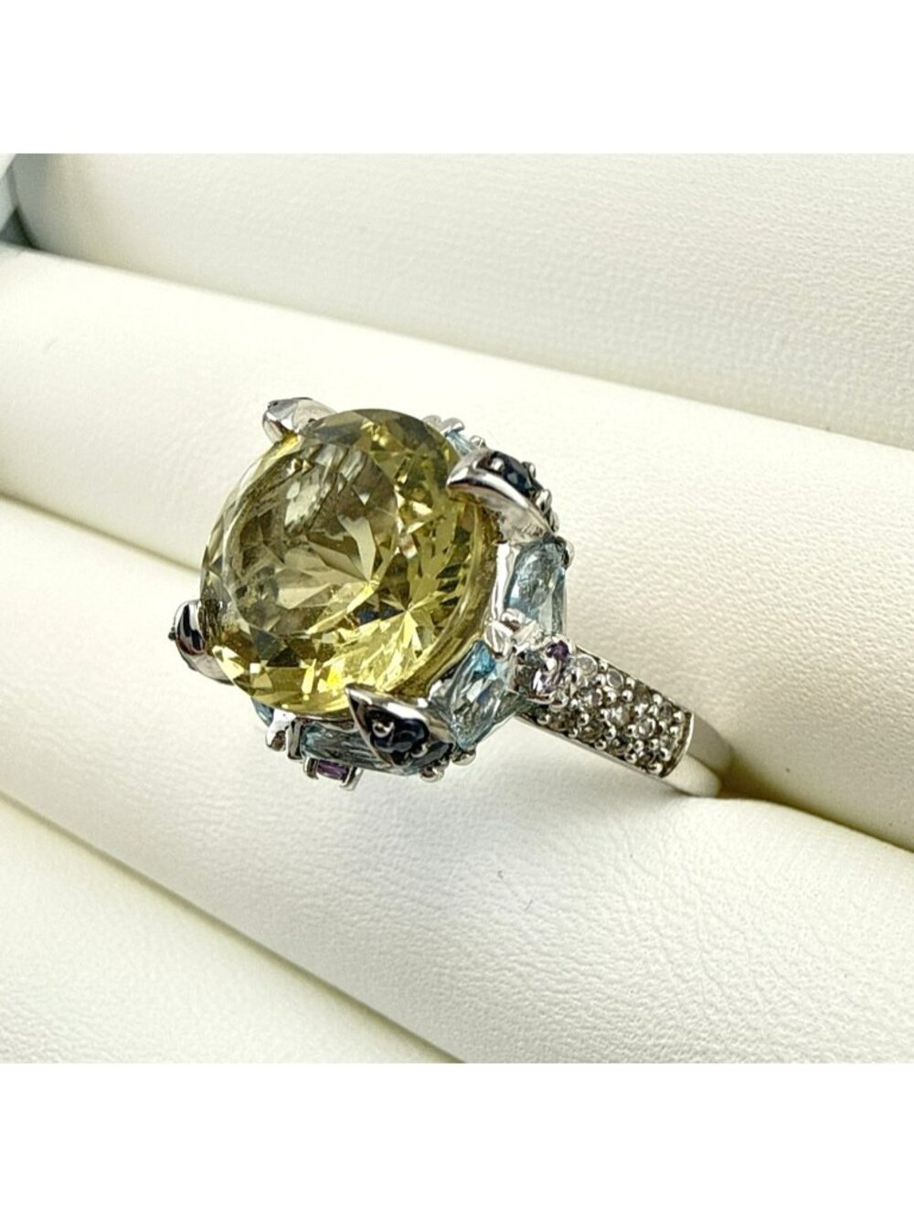 JTV Ring Floral Cluster Cocktail Blue Yellow Sterling Silver 925 Size 9 Feminine